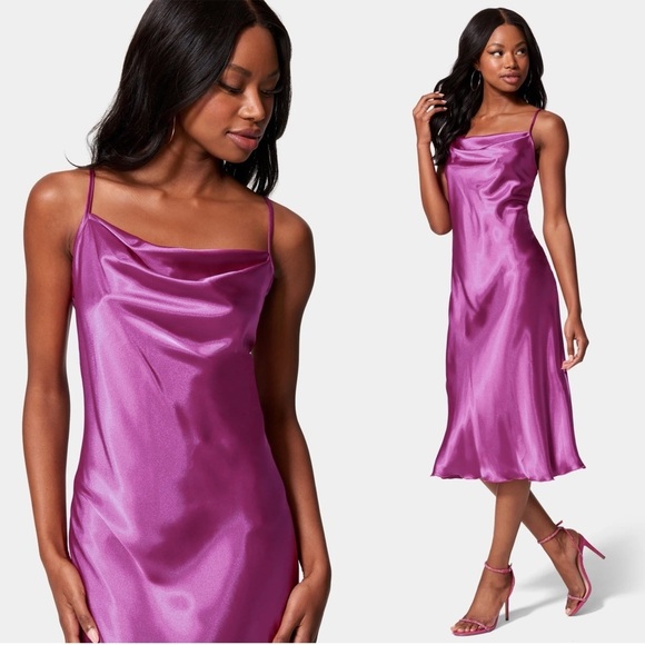 bebe • Satin Cowl Neck Slip Midi Dress Berry pink purple bias cut draped - Picture 1 of 11